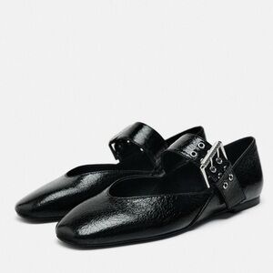 Zara Black Buckle Strap Flats